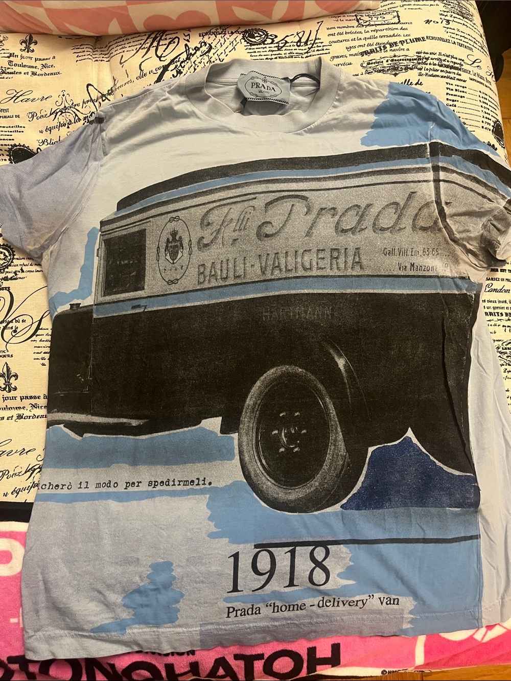 Prada Men's Small Light Blue Graphic Tee